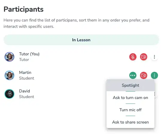 Participants list tutor controls